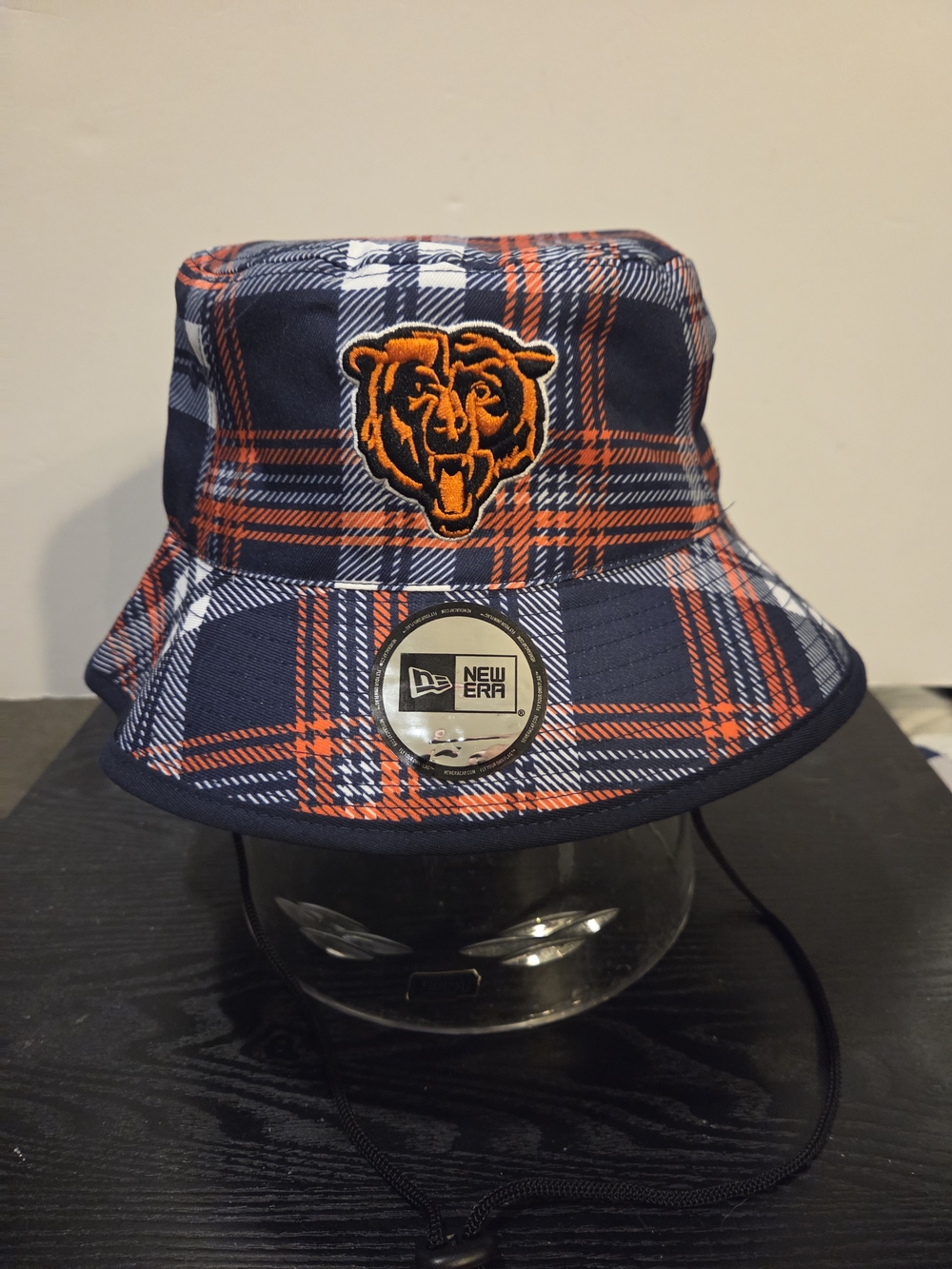 New Era Chicago Bears Navy & Orange Plaid Bucket Hat with Embroidered Bear